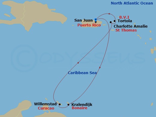 NCL Norwegian Prima - 7 Night - Southern Caribbean - San Juan - NCL Norwegian Prima - Starting in San Juan, Pr, Kralendijk, Netherland Antilles, Willemstad AN, Netherlands Antilles.. itinerary map