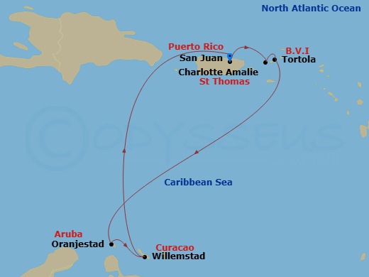 NCL Norwegian Prima - 7 Night - Southern Caribbean - San Juan - NCL Norwegian Prima - Starting in San Juan, Pr, St Thomas, Vi, Tortola, British Virgin Islands, Oranjestad, Aruba, W.. itinerary map