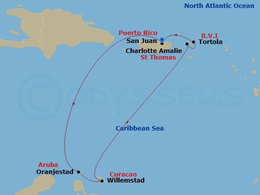 NCL Norwegian Prima - 7 Night - Southern Caribbean - San Juan - NCL Norwegian Prima - Starting in San Juan, Pr, Oranjestad, Aruba, Willemstad AN, Netherlands Antilles, St Thomas, V.. itinerary map