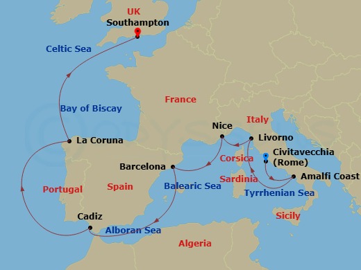 NCL Norwegian Prima - 10 Night - Europe - Classic Mediterranean - NCL Norwegian Prima - Starting in Civitavecchia Rome, Italy, Amalfi Coast (Salerno), Italy, Livorno / Florence / P.. itinerary map