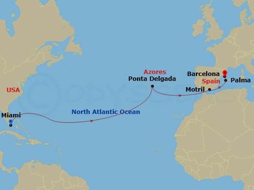 NCL Norwegian Viva - 12 Night - Repo - Transatlantic - NCL Norwegian Viva - Starting in Miami, Fl, Ponta Delgada, Portugal, Motril, Spain, Palma Majorca, Spain, Barcelona, Spain itinerary map