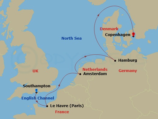 NCL Norwegian Star - 7 Night - Europe - NCL Norwegian Star - Starting in London (Southampton), United Kingdom, Le Havre / Paris, France, Amsterdam / Ijmuiden, Netherlands, Hamburg.. itinerary map