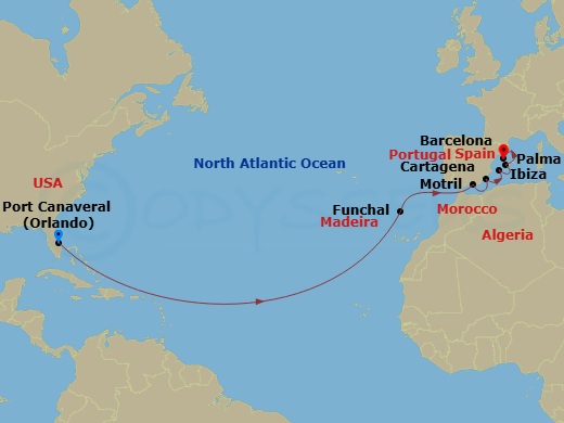 NCL Norwegian Epic - 14 Night - Repo - Transatlantic - NCL Norwegian Epic - Starting in Orlando Beaches / Port Canaveral, Fl, Funchal, Portugal, Motril, Spain, Cartagena ES, Spain.. itinerary map