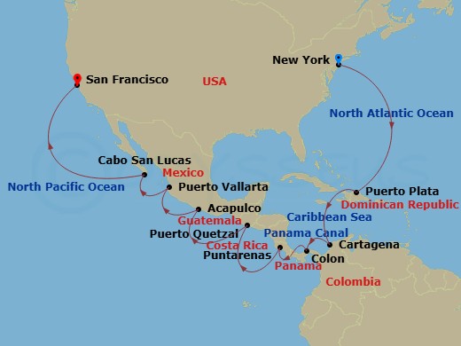NCL Norwegian Bliss - 19 Night - Repo - Panama Canal - NCL Norwegian Bliss - Starting in New York City, Ny, Puerto Plata, Dominican Republic, Cartagena CO, Colon, Panama, Transit P.. itinerary map