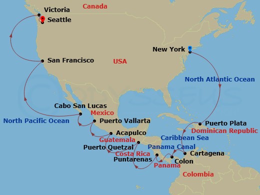 NCL Norwegian Bliss - 22 Night - Repo - Panama Canal - NCL Norwegian Bliss - Starting in New York City, Ny, Puerto Plata, Dominican Republic, Cartagena CO, Colon, Panama, Transit P.. itinerary map