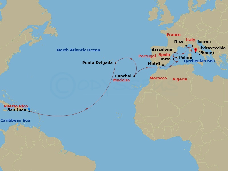 NCL Norwegian Prima - 17 Night - Repo - Transatlantic - NCL Norwegian Prima - Starting in San Juan, Pr, Ponta Delgada, Portugal, Funchal, Portugal, Motril, Spain, Ibiza, Spain, Pal.. itinerary map