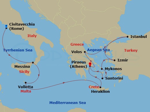 Costa Fortuna - 12 Night - Eastern Mediterranean from Civitavecchia - Costa Fortuna - Starting in Civitavecchia, Messina, Malta / La Valletta, Heraklion, Athens (Piraeus), Vo.. itinerary map