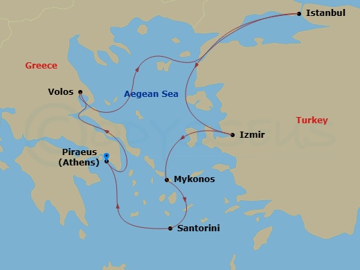 Costa Fortuna - 7 Night - Eastern Mediterranean from Athens (Pireo) - Costa Fortuna - Starting in Athens (Piraeus), Volos, Istanbul, Izmir, Mykonos, Santorini, Athens (Piraeus) itinerary map