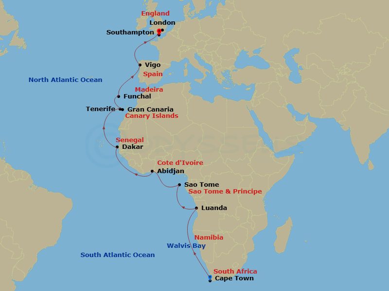 NCL Norwegian Sun Cruise Tours - 25 Night - Cape Town Winelands and Safari Pre Cruisetour - NCL Norwegian Sun Cruise Tours - Starting in At Hotel, Cape Town, South Africa, Walvis Bay, Namibia.. itinerary map