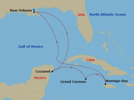RCL Mariner of the Seas - 7 Night - Western Caribbean Cruise - RCL Mariner of the Seas - Starting in New Orleans, Louisiana, Cozumel, Mexico, George Town, Grand Cayman, Montego Bay, Ja.. itinerary map