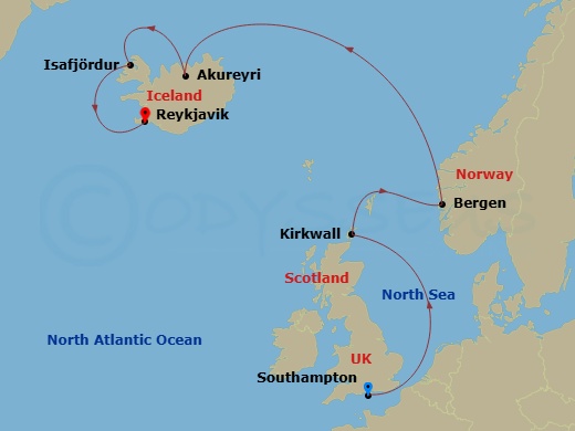 NCL Norwegian Star - 7 Night - Europe - Iceland - NCL Norwegian Star - Starting in London (Southampton), United Kingdom, Kirkwall, Scotland, Bergen, Norway, Akureyri, Iceland, Isa.. itinerary map