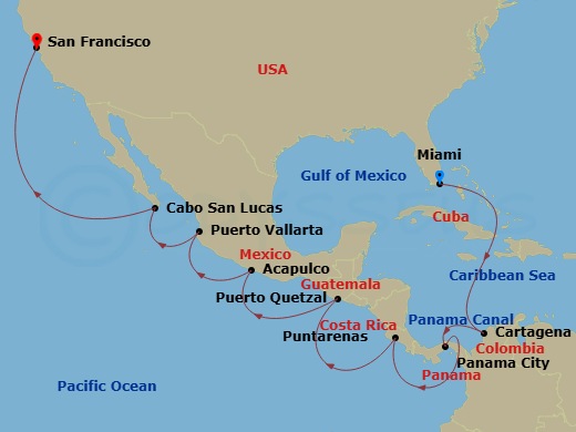 NCL Norwegian Encore - 18 Night - Panama Canal - Miami - NCL Norwegian Encore - Starting in Miami, Fl, Cartagena CO, Panama City, Panama, Transit Panama Canal / At Sea, Panama City,.. itinerary map