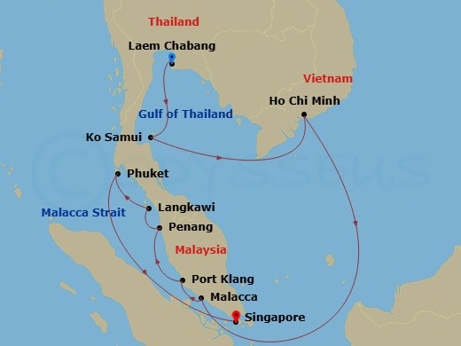 NCL Norwegian Sun Cruise Tours - 13 Night - Bangkok Pre Cruisetour - NCL Norwegian Sun Cruise Tours - Starting in At Hotel, Laem Chabang, Thailand, Ko Samui, Thailand, Phu My / Ho Chi Minh Ci.. itinerary map