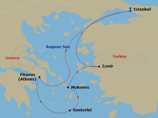 Costa Fortuna - 6 Night - Eastern Mediterranean from Istanbul - Costa Fortuna - Starting in Istanbul, Izmir, Mykonos, Santorini, Athens (Piraeus), Istanbul itinerary map