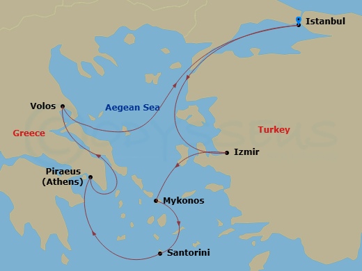 Costa Fortuna - 7 Night - Eastern Mediterranean from Istanbul - Costa Fortuna - Starting in Istanbul, Izmir, Mykonos, Santorini, Athens (Piraeus), Volos, Istanbul itinerary map