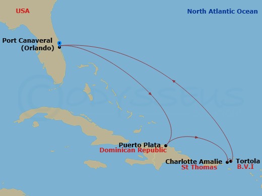 NCL Norwegian Joy - 7 Night - Eastern Caribbean - Port Canaveral - NCL Norwegian Joy - Starting in Orlando Beaches / Port Canaveral, Fl, Puerto Plata, Dominican Republic, St Thom.. itinerary map