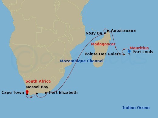 NCL Norwegian Sun - 11 Night - Africa-South Africa - NCL Norwegian Sun - Starting in Port Louis, Mauritius, Pointe Des Galets, Reunion, Antsiranana, Madagascar, Nosy Be, Madagasc.. itinerary map