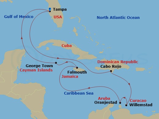 NCL Norwegian Star - 10 Night - Southern Caribbean - Tampa - NCL Norwegian Star - Starting in Tampa, Fl, Cabo Rojo, Dominican Republic, Willemstad AN, Netherlands Antilles, Oranje.. itinerary map