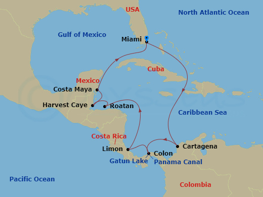 NCL Norwegian Jewel - 11 Night - Panama Canal - Miami - NCL Norwegian Jewel - Starting in Miami, Fl, Cartagena CO, Panama Canal Gatun Lake, Panama, Colon, Panama, Puerto Limon, Cos.. itinerary map