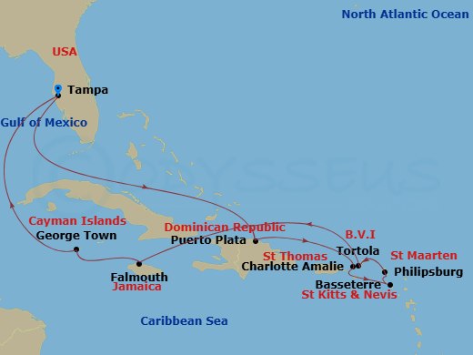 NCL Norwegian Star - 12 Night - Southern Caribbean - Tampa - NCL Norwegian Star - Starting in Tampa, Fl, Puerto Plata, Dominican Republic, St Thomas, Vi, Basseterre, Saint Kitts /.. itinerary map
