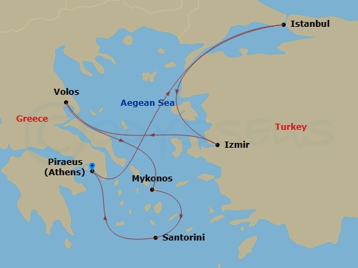 Costa Fortuna - 7 Night - Eastern Mediterranean from Athens (Pireo) - Costa Fortuna - Starting in Athens (Piraeus), Istanbul, Izmir, Volos, Mykonos, Santorini, Athens (Piraeus) itinerary map