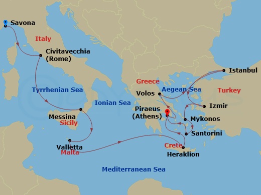 Costa Fortuna - 13 Night - Eastern Mediterranean from Savona - Costa Fortuna - Starting in Savona, Civitavecchia, Messina, Malta / La Valletta, Heraklion, Athens (Piraeus), V.. itinerary map