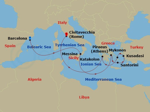 Celebrity Equinox - 10 Night - Greek Isles & Turkey Cruise - Celebrity Equinox - Starting in Barcelona, Spain, Sicily (Messina), Italy, Athens (Piraeus), Greece, Santorini, Greec.. itinerary map