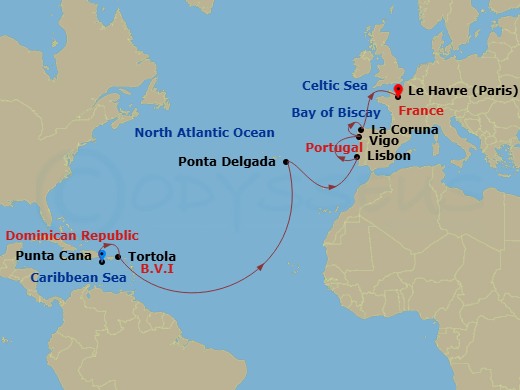 NCL Norwegian Sky - 13 Night - Repo - Transatlantic - NCL Norwegian Sky - Starting in Punta Cana (La Romana), Dominican Republic, Tortola, British Virgin Islands, Ponta Delgada,.. itinerary map
