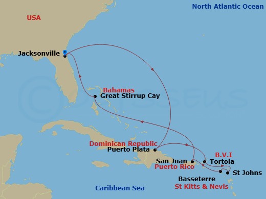 NCL Norwegian Gem - 11 Night - Caribbean - NCL Norwegian Gem - Starting in Jacksonville, Florida, Puerto Plata, Dominican Republic, Tortola, British Virgin Islands, St Johns AG,.. itinerary map