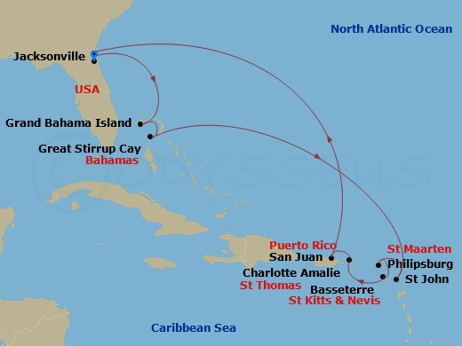 NCL Norwegian Gem - 12 Night - Caribbean - NCL Norwegian Gem - Starting in Jacksonville, Florida, Grand Bahama Island, Bahamas, Great Stirrup Cay, Bahamas, St Johns AG, Antigua,.. itinerary map