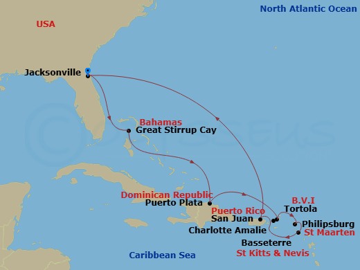 NCL Norwegian Gem - 12 Night - Caribbean - NCL Norwegian Gem - Starting in Jacksonville, Florida, Great Stirrup Cay, Bahamas, Puerto Plata, Dominican Republic, Tortola, British V.. itinerary map