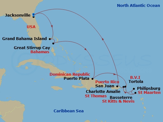 NCL Norwegian Gem - 12 Night - Caribbean - NCL Norwegian Gem - Starting in Jacksonville, Florida, Grand Bahama Island, Bahamas, Great Stirrup Cay, Bahamas, Puerto Plata, Dominica.. itinerary map