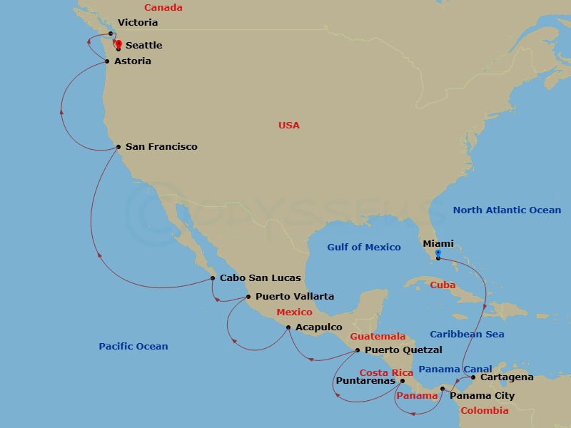 NCL Norwegian Encore - 22 Night - Repo - Panama Canal - NCL Norwegian Encore - Starting in Miami, Fl, Cartagena CO, Panama City, Panama, Transit Panama Canal / At Sea, Panama City,.. itinerary map