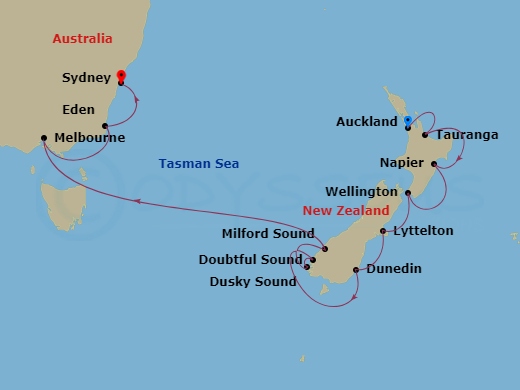 NCL Norwegian Spirit - 12 Night - Australia Product - NCL Norwegian Spirit - Starting in Auckland, New Zealand, Tauranga, New Zealand, Napier, New Zealand, Wellington, New Zealand,.. itinerary map