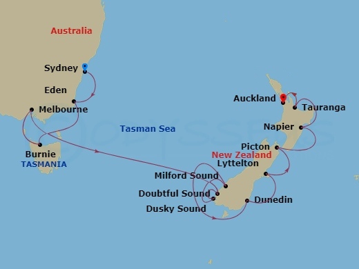 NCL Norwegian Spirit - 12 Night - Australia Product - NCL Norwegian Spirit - Starting in Sydney AU, Eden, Australia, Burnie, Tasmania, Australia, Melbourne, Australia, Cruise Doubtf.. itinerary map
