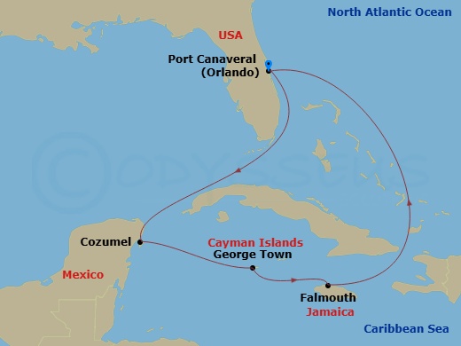NCL Norwegian Prima - 7 Night - Western Caribbean - Port Canaveral - NCL Norwegian Prima - Starting in Orlando Beaches / Port Canaveral, Fl, Cozumel, Mexico, George Town, Cayman Is.. itinerary map