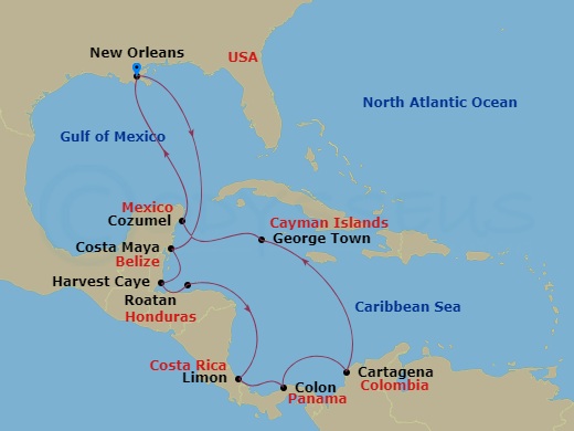 NCL Norwegian Escape - 14 Night - Caribbean - NCL Norwegian Escape - Starting in New Orleans, La, Costa Maya, Mexico, Harvest Caye, Belize, Roatan Bay Islands, Honduras, Puerto Limo.. itinerary map