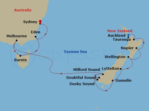NCL Norwegian Spirit - 12 Night - Australia Product - NCL Norwegian Spirit - Starting in Auckland, New Zealand, Tauranga, New Zealand, Napier, New Zealand, Wellington, New Zealand,.. itinerary map