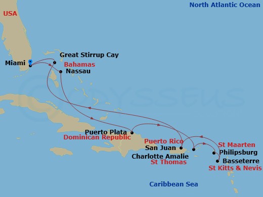 NCL Norwegian Getaway - 10 Night - Eastern Caribbean - Miami - NCL Norwegian Getaway - Starting in Miami, Fl, Nassau, Bahamas, Puerto Plata, Dominican Republic, St Thomas, Vi, Philip.. itinerary map