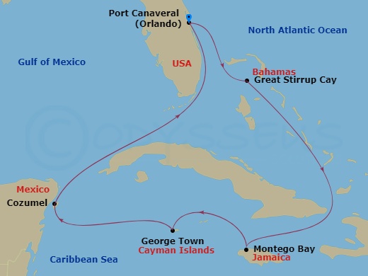 NCL Norwegian Prima - 7 Night - Western Caribbean - Port Canaveral - NCL Norwegian Prima - Starting in Orlando Beaches / Port Canaveral, Fl, Great Stirrup Cay, Bahamas, Montego Bay.. itinerary map