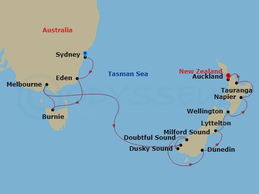 NCL Norwegian Spirit - 12 Night - Australia Product - NCL Norwegian Spirit - Starting in Sydney AU, Eden, Australia, Burnie, Tasmania, Australia, Melbourne, Australia, Cruise Doubtf.. itinerary map