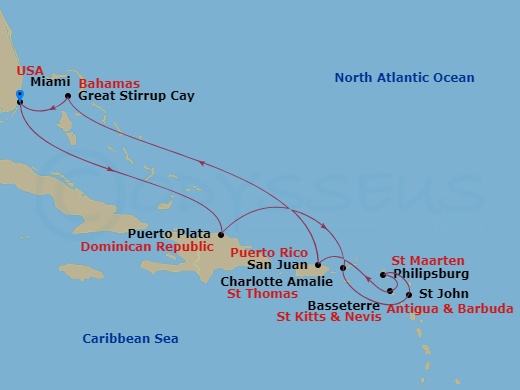 NCL Norwegian Getaway - 10 Night - Eastern Caribbean - Miami - NCL Norwegian Getaway - Starting in Miami, Fl, Puerto Plata, Dominican Republic, St Thomas, Vi, St Johns AG, Antigua, P.. itinerary map