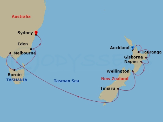 NCL Norwegian Spirit - 12 Night - Australia Product - NCL Norwegian Spirit - Starting in Auckland, New Zealand, Tauranga, New Zealand, Gisborne, New Zealand, Napier, New Zealand, We.. itinerary map