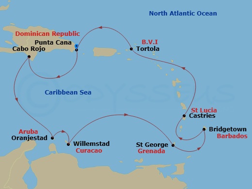 NCL Norwegian Sky - 9 Night - Caribbean - NCL Norwegian Sky - Starting in Punta Cana (La Romana), Dominican Republic, Cabo Rojo, Dominican Republic, Oranjestad, Aruba, Willemstad.. itinerary map