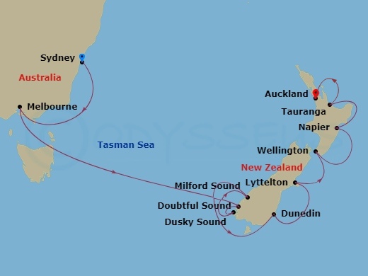 NCL Norwegian Spirit - 11 Night - Australia Product - NCL Norwegian Spirit - Starting in Sydney AU, Melbourne, Australia, Cruise Doubtful Sound, New Zealand, Cruise Dusky Sound, New.. itinerary map