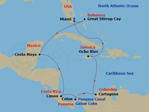 NCL Norwegian Pearl - 11 Night - Panama Canal - Miami - NCL Norwegian Pearl - Starting in Miami, Fl, Ocho Rios, Jamaica, Cartagena CO, Panama Canal Gatun Lake, Panama, Colon, Panam.. itinerary map