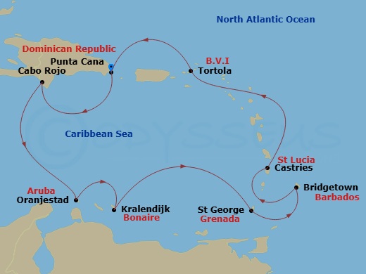 NCL Norwegian Sky - 9 Night - Caribbean - NCL Norwegian Sky - Starting in Punta Cana (La Romana), Dominican Republic, Cabo Rojo, Dominican Republic, Oranjestad, Aruba, Kralendijk.. itinerary map