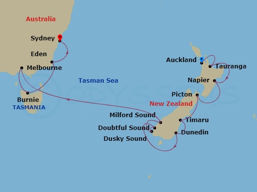NCL Norwegian Spirit - 13 Night - Australia Product - NCL Norwegian Spirit - Starting in Auckland, New Zealand, Tauranga, New Zealand, Napier, New Zealand, Marlborough / Picton, New.. itinerary map