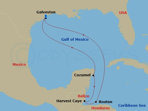 NCL Norwegian Viva - 7 Night - Caribbean - NCL Norwegian Viva - Starting in Galveston, Texas, Cozumel, Mexico, Harvest Caye, Belize, Roatan Bay Islands, Honduras, Galveston, Texas itinerary map