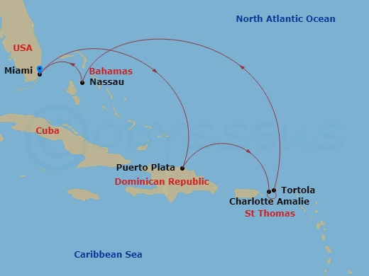 NCL Norwegian Aqua - 7 Night - Eastern Caribbean - Miami - NCL Norwegian Aqua - Starting in Miami, Fl, Puerto Plata, Dominican Republic, St Thomas, Vi, Tortola, British Virgin Isl.. itinerary map